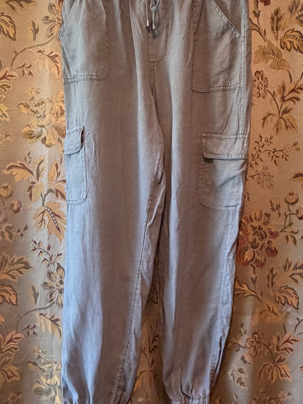 Gray 100% Linen Womens Large Cargo Jogger Pants - Casual Drawstring Waist